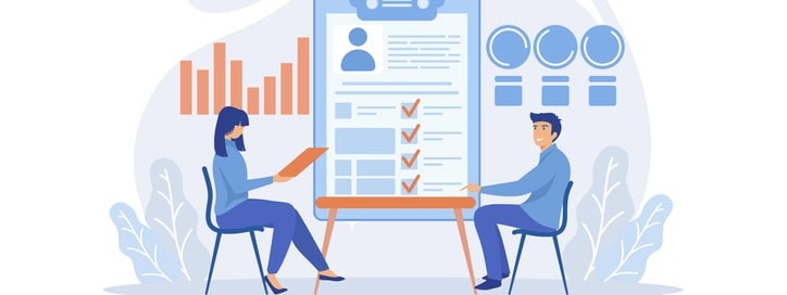 Employer meeting job applicant at pre-employment assessment. Employee evaluation, assessment form and report, performance review concept, flat vector modern illustration Employee evaluation, assessment form and report, performance review