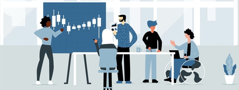 Professional financial advisors and coworkers working together and consulting about finance and stock market Professional financial advisors and coworkers in business environment working together and consulting about finance and stock market