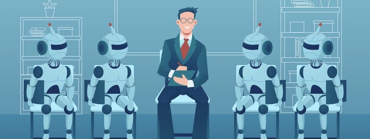 business man job applicant competing with artificial intelligence robots