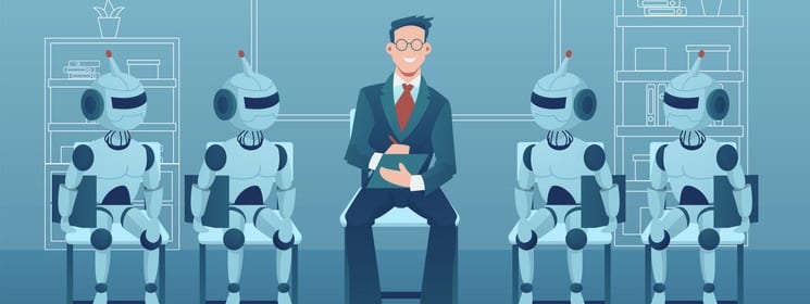 Vector of a business man job applicant competing with artificial intelligence robots business man job applicant competing with artificial intelligence robots