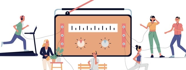 Radio online live stream with people characters around vintage radio receiver