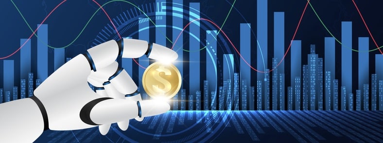 Hands of a robot holding the golden USD coin on financial data analysis background.