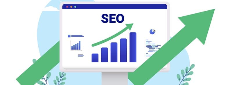 computer with search engine optimisation graph showing better results and growth.