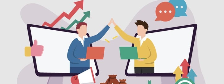 Two business partners high five on computer screens 2d Two business partners high five on computer screens