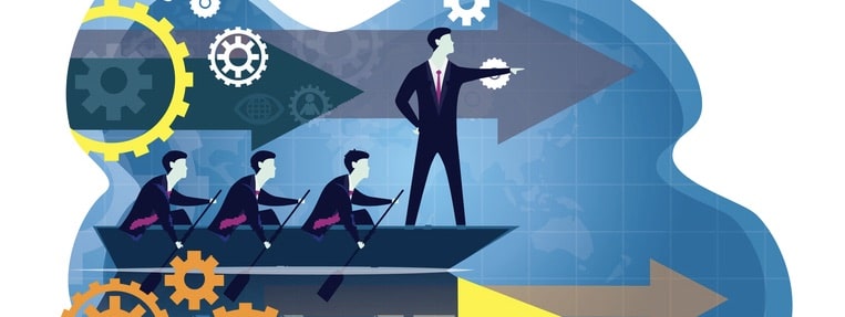 Leadership Business Concept. Leader People Icon Typography Leader success business people skill development in boat