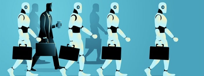 Human businessman amidst a crowd of robots, carrying a briefcase and coffee cup Human businessman amidst a crowd of robots, carrying a briefcase and coffee cup.