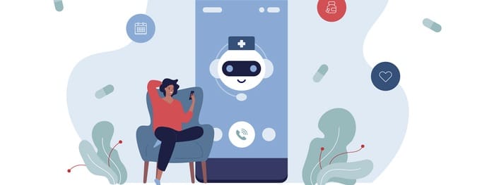 Female patient sitting in chair with smart phone in hand. Chat bot character on smartphone screen.