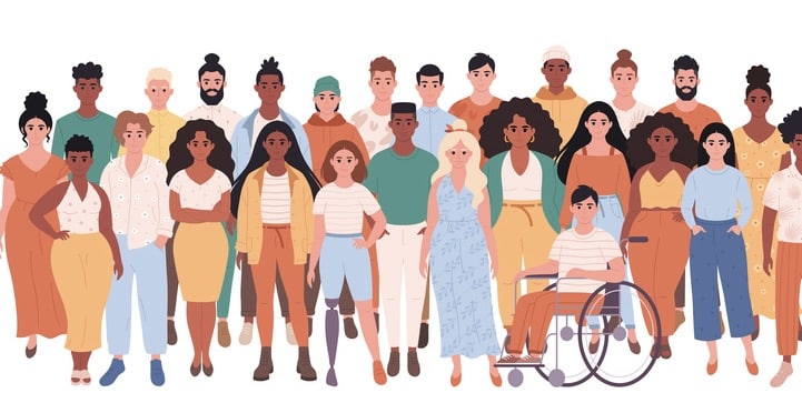 Crowd of different people of different races, body types, person with disability.
