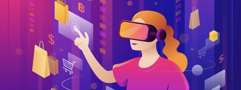 Woman with VR Headset Touching for Shopping, Metaverse Concept