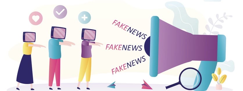 Loudspeaker spreading fake news. Hypnotized people believe all news on TV.