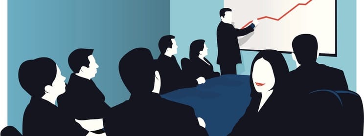 A business illustration of a group of people in a board room.