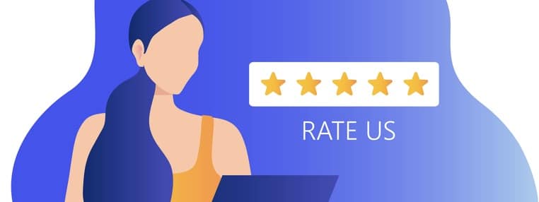 Customer review woman gives 5 stars rating feedback icon and level excellent rank to review the service