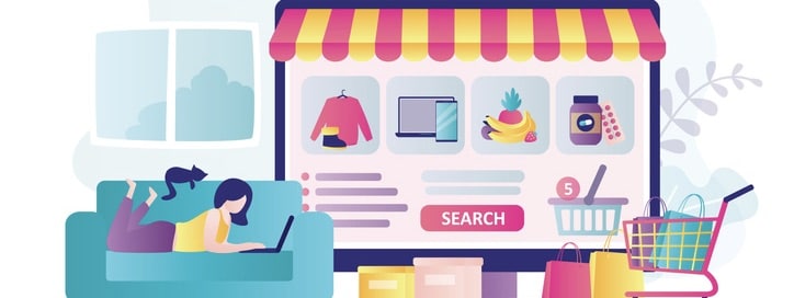 Female character buys different goods in internet store. Various products on computer screen,