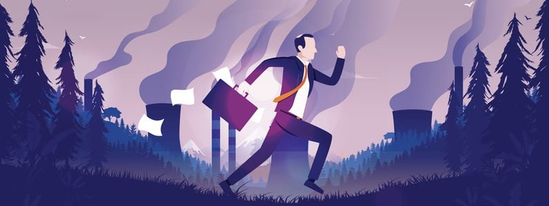 Politician running from climate change. Man running with briefcase in landscape with pollution, escaping problems