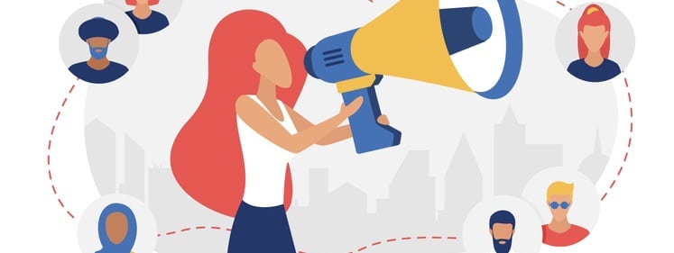 woman influencer character with megaphone inviting people to promotion campaign