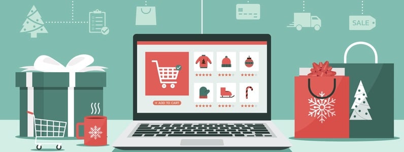 Christmas online shopping concept on laptop screen with gift boxes, shopping bags, shopping cart on desk.