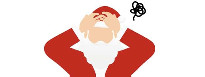 Old man in Santa Claus holding his head in worry