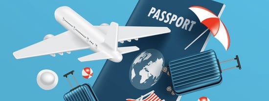 Airplane flying in front of the passport and there was a suitcase with beach lounging gear floating beside it for travel summer concept design,vector 3d isolated for air freight and travel advertising