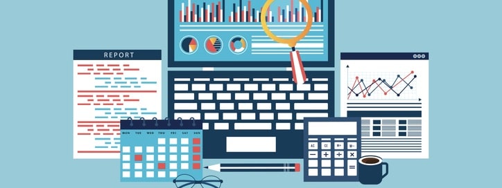 Auditing concepts. Auditor at table during examination of financial report. Tax process. Research, project management, planning, accounting, analysis, data