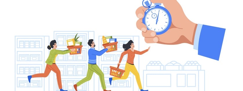 Character Rushing Through A Busy Supermarket During A Limited Time Sale Event, Trying To Grab The Best Deals And Bargains Before Time Runs Out.