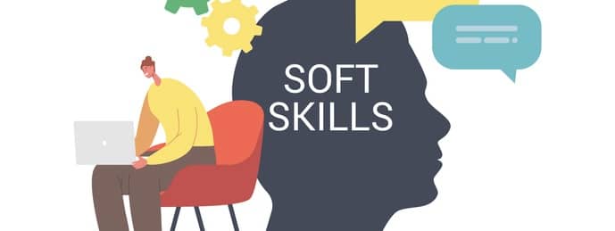 Soft Skills in Business Concept. Tiny Female Character Working on Laptop at Huge Human Head.