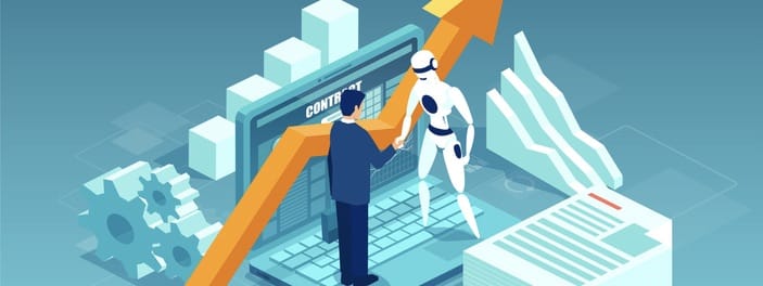 businessman and a robot shaking hands standing on computer.