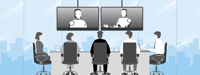 People sit and listen to the robot artificial intelligence talking by internet from video conference in office room