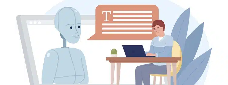 AI text generator flat concept vector spot illustration Generating content with artificial intelligence