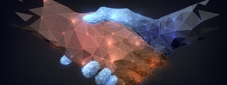 Two poligonal glowing hands, handshake, technology, business, trust concept