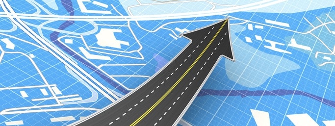 road with arrow sign over blue map background