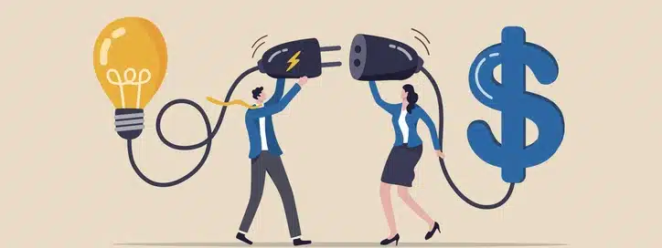 businessman and woman connect lightbulb with money dollar sign.