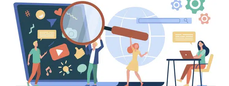 Tiny people with magnifier searching social media and email marketing on computer.
