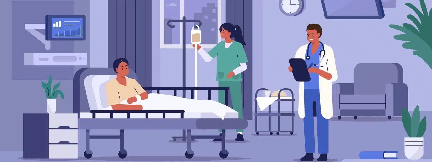Hospitalized Patient Lying in Hospital Bed. Medical Staff Visiting him.