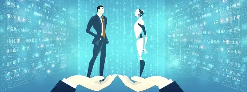robot talking wth businessman in front of matrix screen with running data