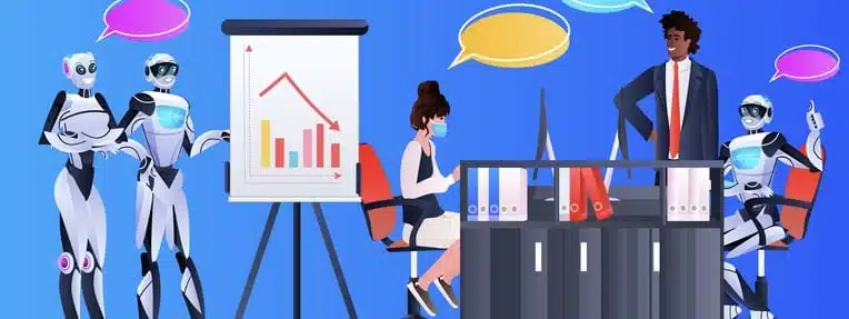 Robots With African American Businessman Analyzing Financial Statistics Data On Flip Chart Artificial Intelligence Robots With African American Businessman Analyzing Financial Statistics Data On Flip Chart Artificial Intelligence