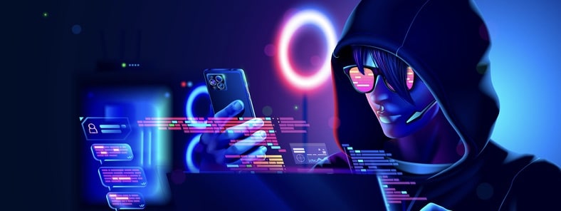 Hacker or phone scammer in hood hacking at computer