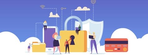 Network Security Landing Page. Data Protection Banner With Flat People Characters And Digital Data Secure Website Template. Easy Edit And Customize. Vector Illustration