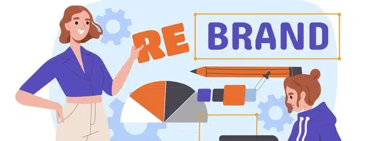 Rebrand In Company. Graphic designers team work at logotype for company and organization.