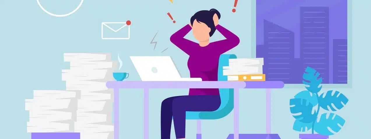 Businesswoman In Modern Office Surrounding Overloaded With Work. Clock, Window, Flower On Background.