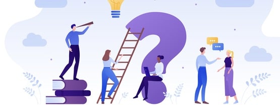 Group Of Male And Female People With Idea Light Bubble Sign, Book, Ladder And Laptop.