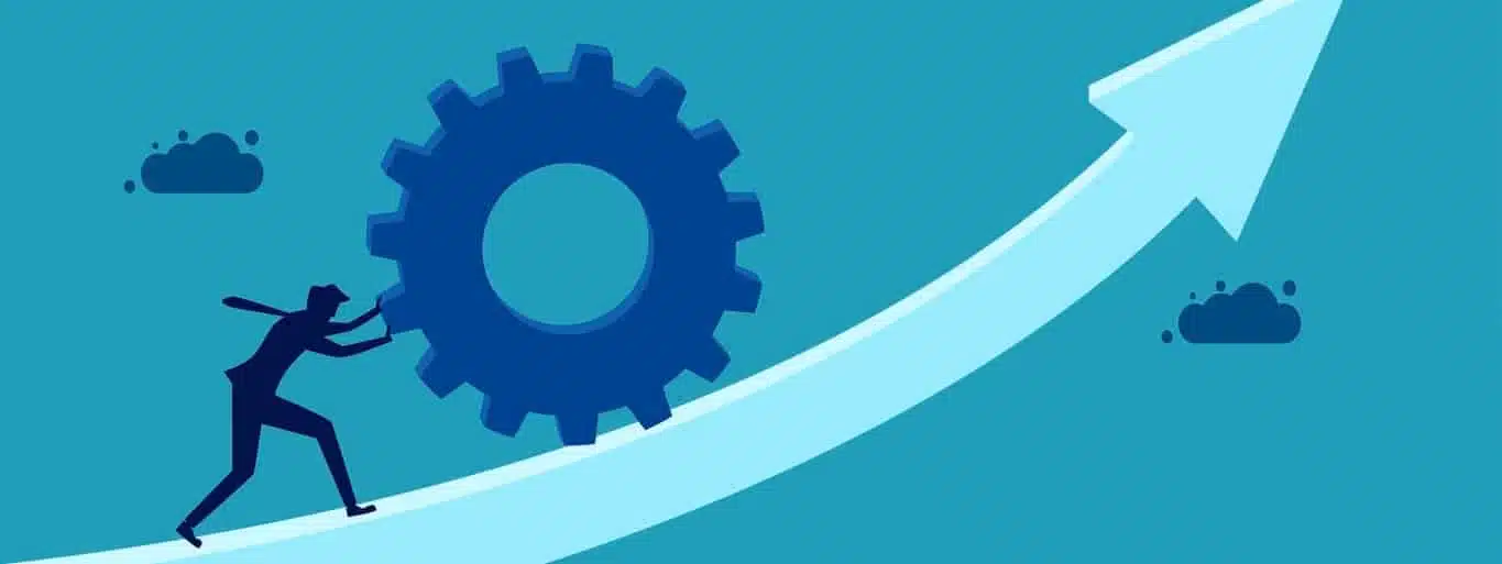 Strive For Future Growth. Businessman Pushing Gears Up Arrow. Vector Illustration Strive For Future Growth. Businessman Pushing Gears Up Arrow.