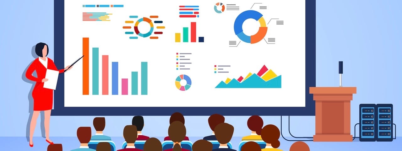 Business Woman Doing Business Report On Business Data, Marketing, Financial Analysis On The Podium