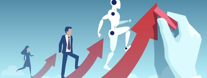 Vector Of A Businessman Hand Drawing A Red Arrows With Business People And Robot Climbing Up
