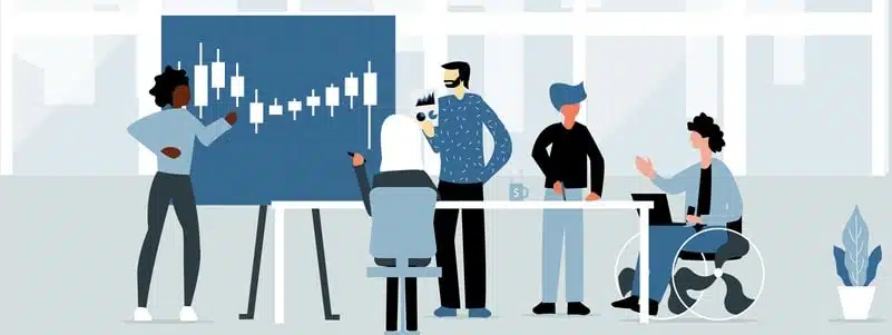 Professional Financial Advisors And Coworkers Working Together And Consulting About Finance And Stock Market Professional Financial Advisors And Coworkers Working Together And Consulting About Finance And Stock Market
