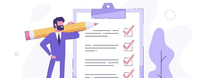 Positive Business Man With A Giant Pencil On His Shoulder Nearby Marked Checklist On