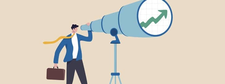 Smart Businessman Investor Look Into Huge Telescope To See Rising Up Green Graph.
