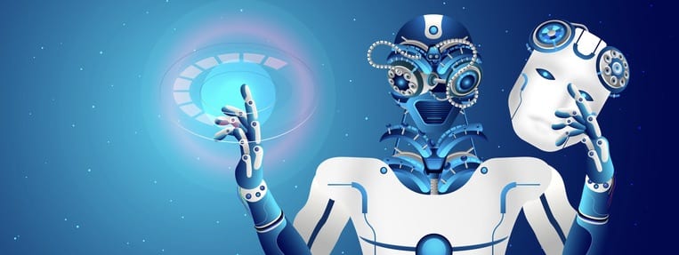 Robot Removes The Anthropomorphic Mask And With Touching A Virtual Space Display,