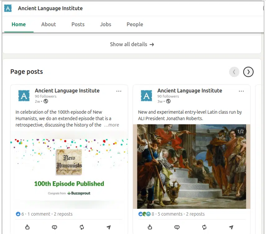 The LinkedIn page of the Ancient Language Institute