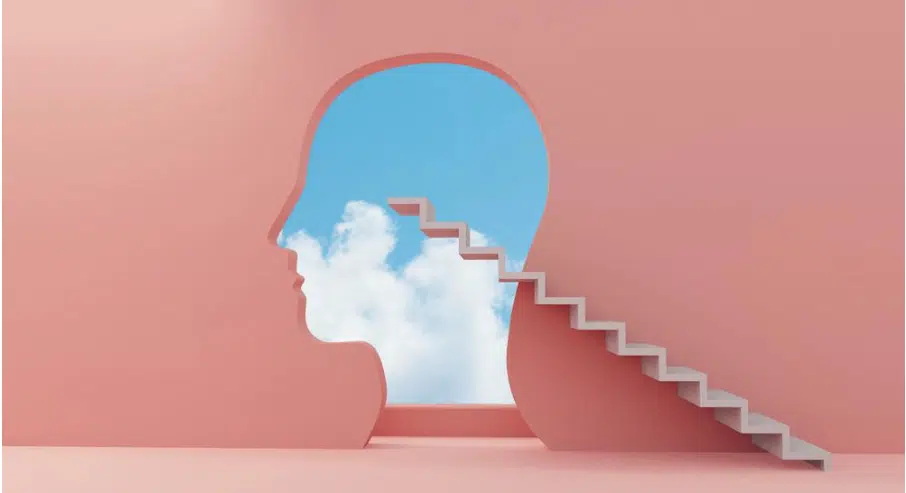 3D illustration of a human head profile with staircase symbolizing intellectual development