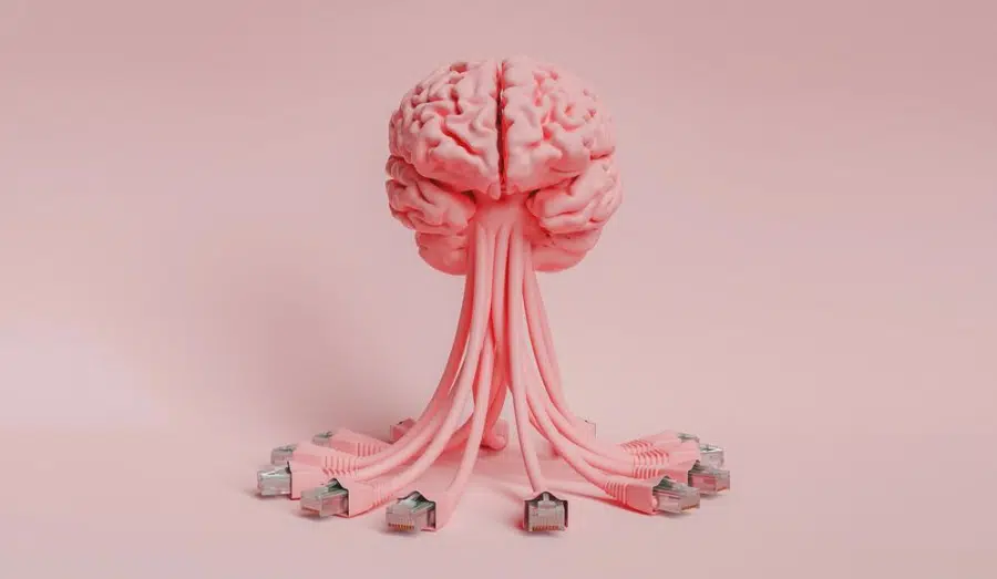 3D rendering of a pink brain with network cables attached